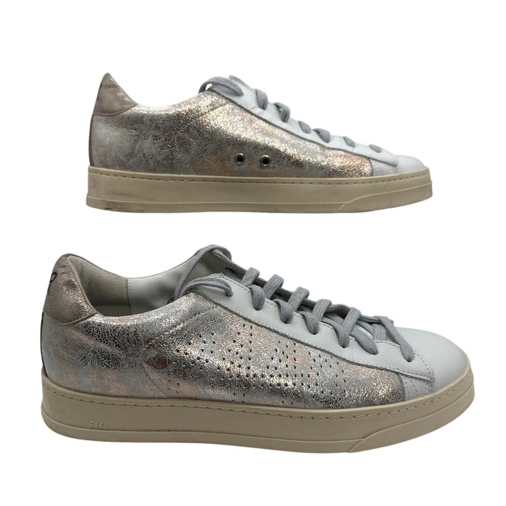 P448 John Low Top Sneakers Gold Metallic White Leather Women’s Casual Sz 40/ 9.5